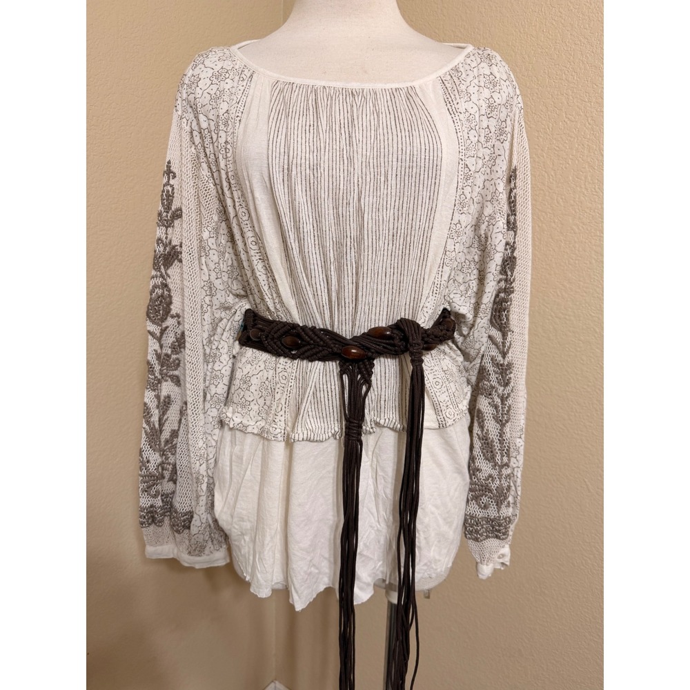 Free People Boho Mixed Media Embroidered Crochet Dolman Sleeve Tunic Top Cream S